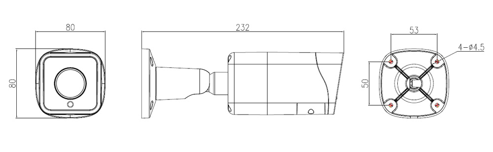 Dimensiones de la cámara de red bullet varifocal IR de 3MP