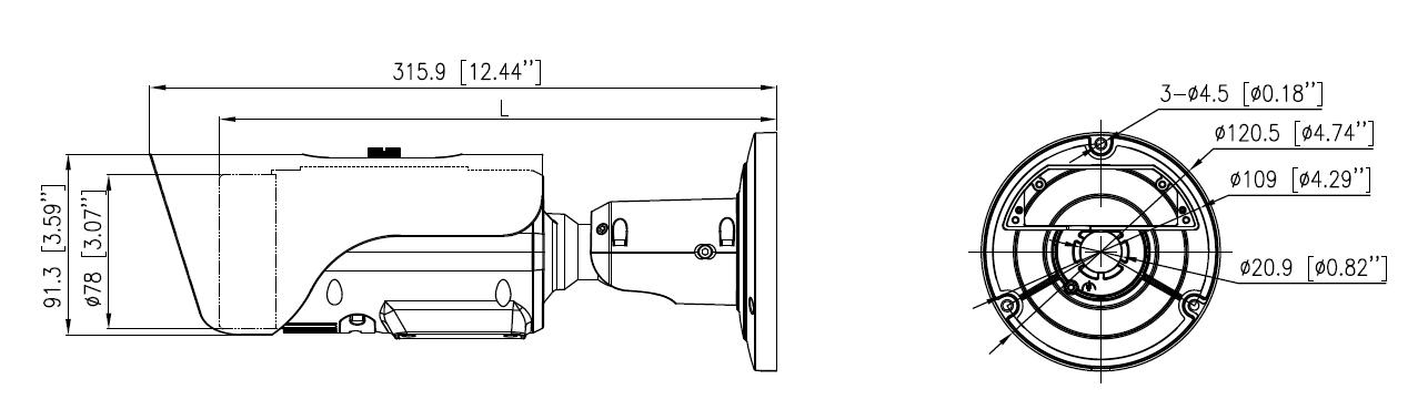Dimensiones de la cámara de red bullet termográfica